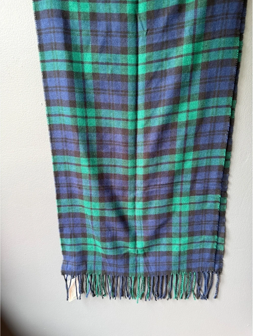 Lands' End Blue and Green Plaid Wool Scarf with Fringe